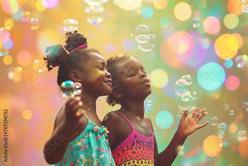 two little girls playing with soap bubbles outside in the summer
