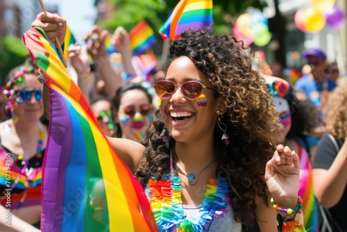 A woman is holding a rainbow flag and smiling