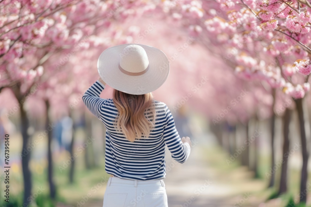 A tranquil scene unfolds as a woman in a stylish hat leisurely walks down a path surrounded by tall trees, under a canopy of lush green leaves A tranquil scene unfolds as a woman in a stylish hat leisurely walks down a path surrounded by tall trees, under a canopy of lush green leaves