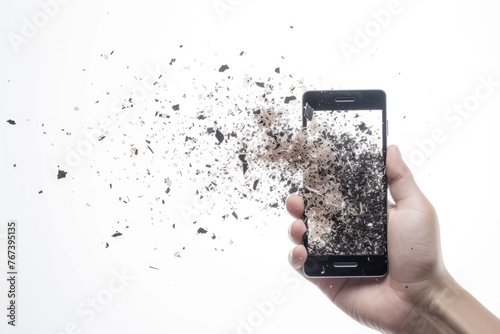 A hand is clutching a cell phone, covered in layers of dirt. The contrast between technology and nature is evident in this gritty scene