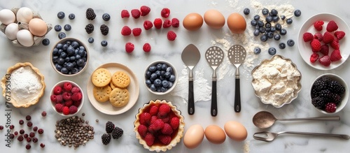 Baking tools and ingredients for making tarts, cookies, dough, and pastry arranged in a flat lay with eggs, flour, sugar, and berries. This top-down view serves as a mockup for recipes,