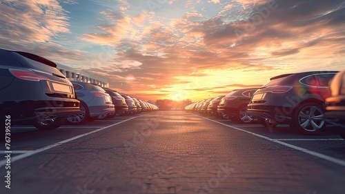 a row of modern cars displayed for sale on a car lot  set against a stunning sky background bathed in sunlight  presented in a photo-realistic  high-resolution style devoid of brand logos.