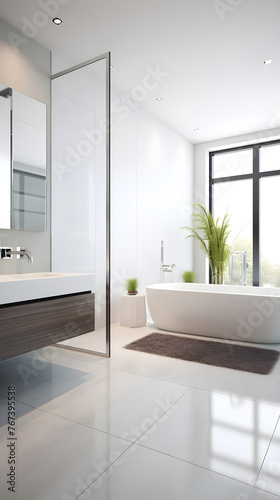 Stylish White Bathroom with Modern Fittings and Sunlight - Contemporary Interior Design Photography photo