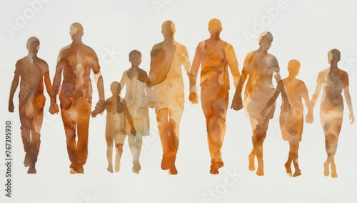 A watercolor illustration of multiple people holding hands, walking towards the camera in shades of brown and beige against an isolated white background Generative AI photo