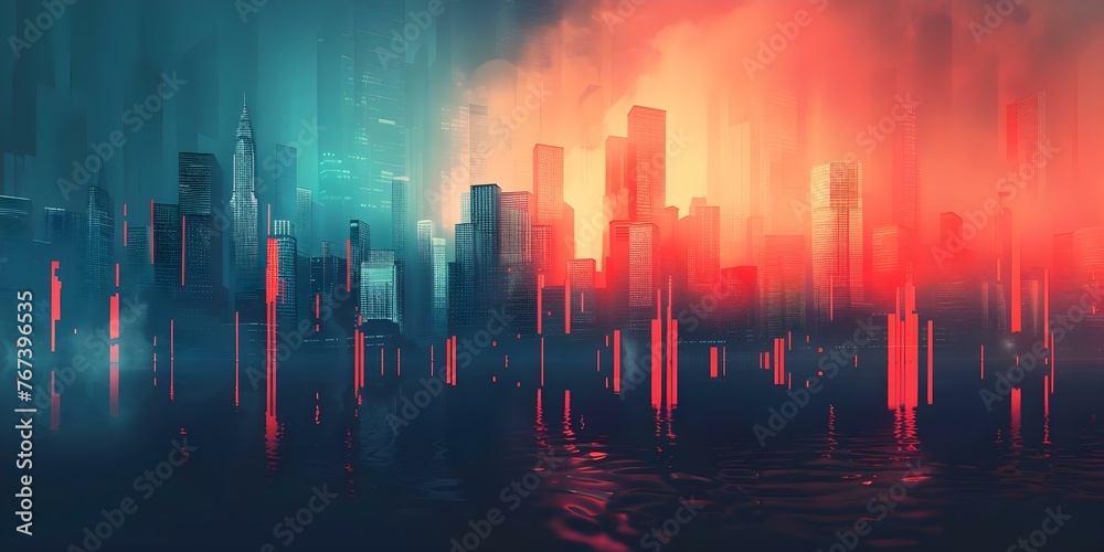 Financial Market Analysis: Abstract Chart with City Background Illustrating Currency Trade and Technology. Concept Finance, Market Analysis, Abstract Chart, City Background, Currency Trade - obrazy, fototapety, plakaty 