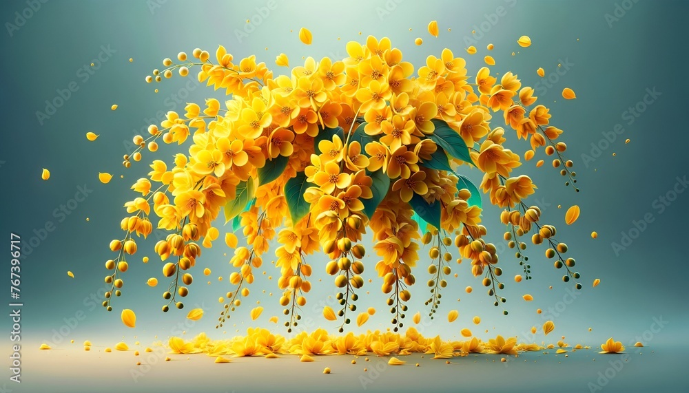 Illustration celebrating the vishu with beautiful yellow konna flowers. - obrazy, fototapety, plakaty 