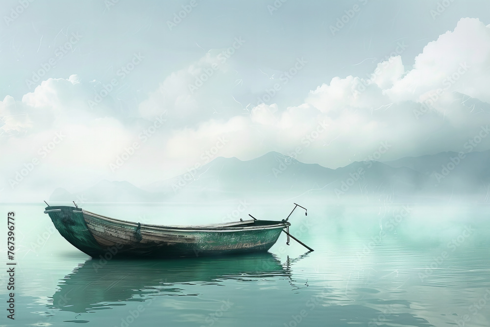Serene Lake Waters Cradling a Lone Fishing Boat Banner