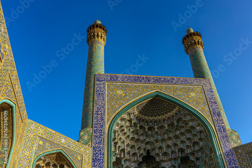 Iran. Isfahan. Imam Mosque (also known as Shah Mosque, Jame Abbasi Mosque and Royal Mosque), one the most beautiful mosques in Iran (UNESCO World Heritage Site) - Iwan and two minarets