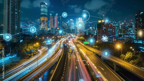 Connected Cityscape at Night with Data Network