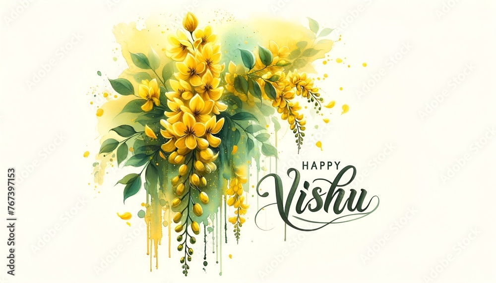 Happy vishu watercolor card illustration with golden shower flower. - obrazy, fototapety, plakaty 