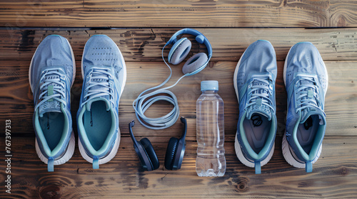 Flat lay of a summer workout kit with running shoes water bottle and headphones.