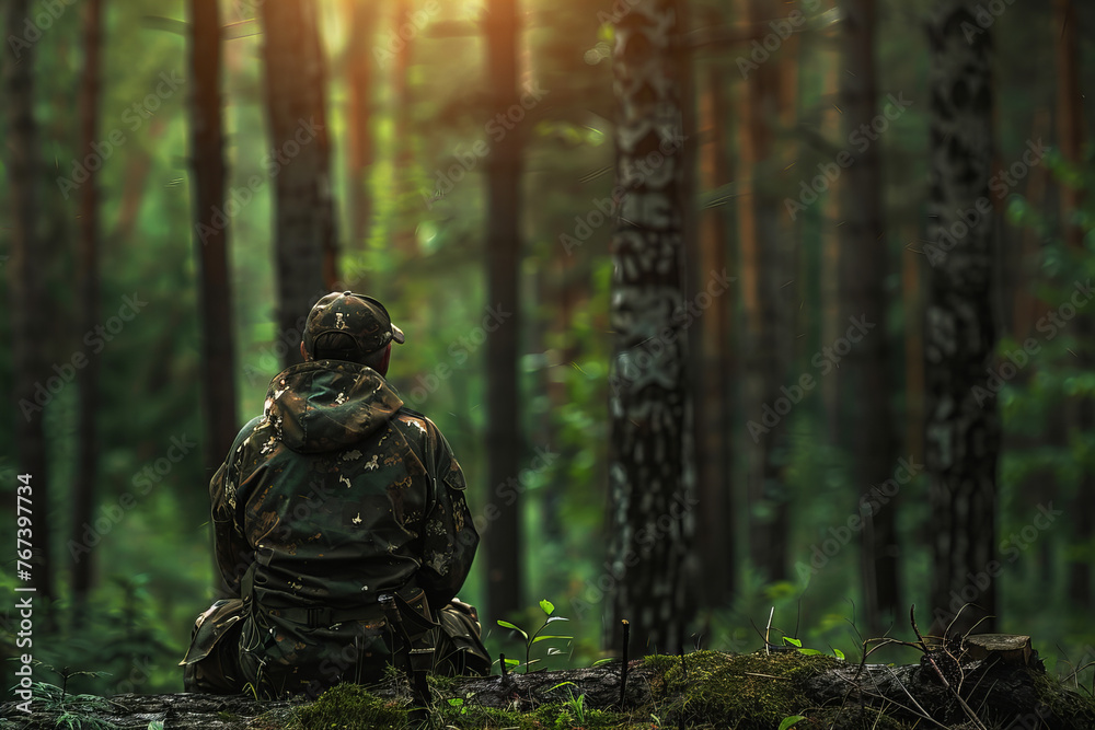 Solitary Soldier Contemplating Natures Serenity Amidst Verdant Woods Banner