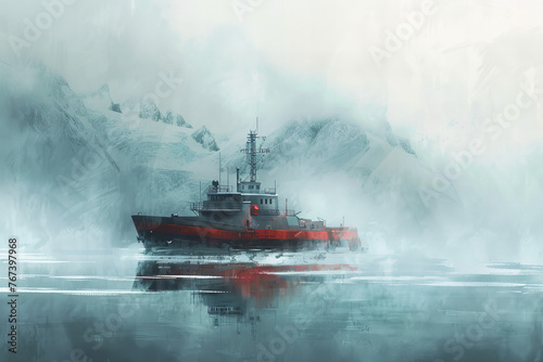 Icebreaker Vessel Forging Through Misty Arctic Waters - Frosty Expedition Banner