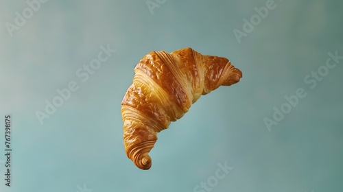 Croissant floating in the air, solid background. Generated by artificial intelligence.