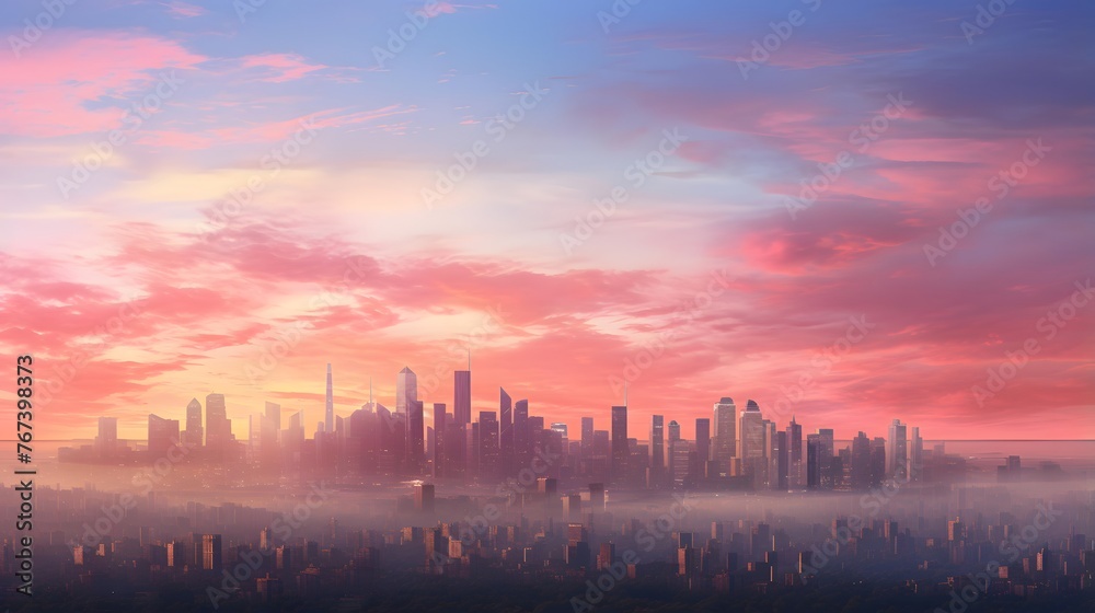 Panoramic view of a foggy cityscape at sunrise.