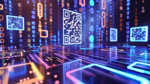 A dynamic digital representation of QR codes with glowing data streams on a circuit board, illustrating high-tech information transfer.. photo