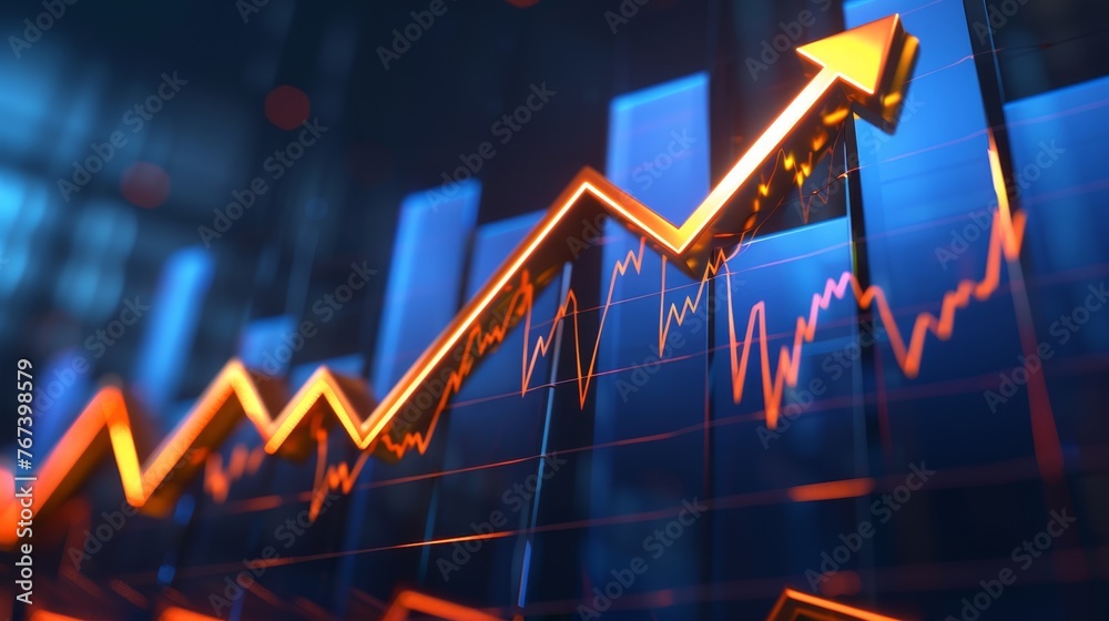 Dynamic graph showing a rising stock market trend with glowing lines - obrazy, fototapety, plakaty 