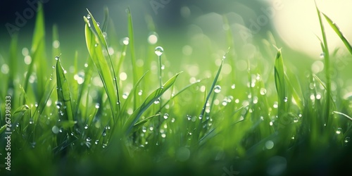 Beautiful green grass with rainy droplets on a blurred background. Refreshing and natural image concept.