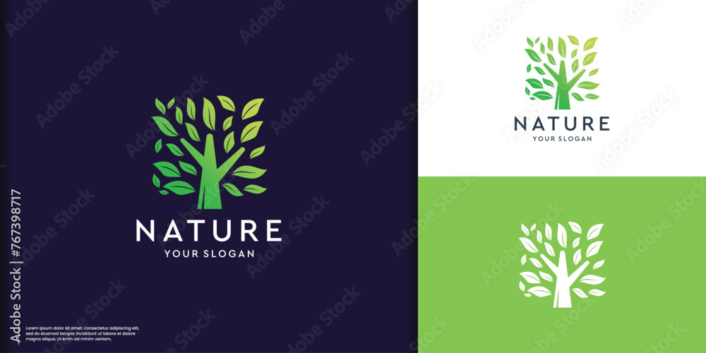 Tree nature logo, Eco Green Organic Plant vector illustration. Tree Logo with leaf square space style.