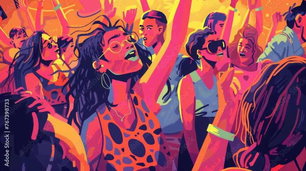 Create an illustration inspired by the energy and excitement of a music festival abroad