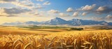 A picturesque natural landscape featuring a field of wheat with mountains in the background under a clear blue sky scattered with fluffy cumulus clouds