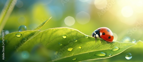 Beautiful ladybug on a leaf in the morning with blurred smooth sunlight.