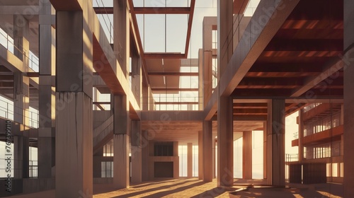 Modern office building interior with sunlight shining through windows. Renovating and construction concept