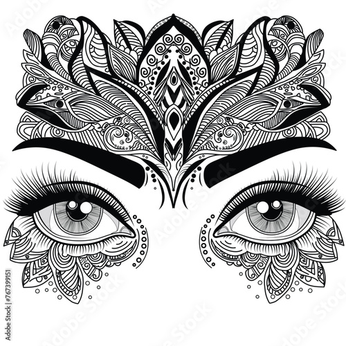 Vector illustration of woman's zentangle eyes on separate white background