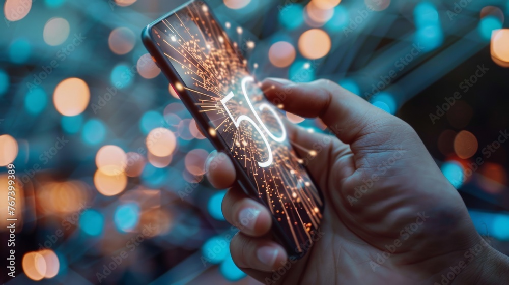 Hand Holding Smartphone Displaying 5G Network Hand Holding Smartphone Displaying 5G Network