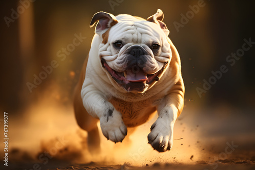 Running Bull Dog with motion blurred background, running bulldog
