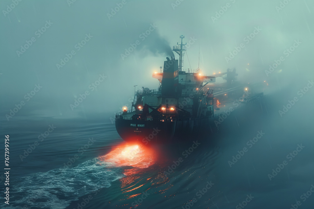 Fototapeta premium Mysterious Fog-Enshrouded Vessel Braving the Ominous Seas at Night Banner