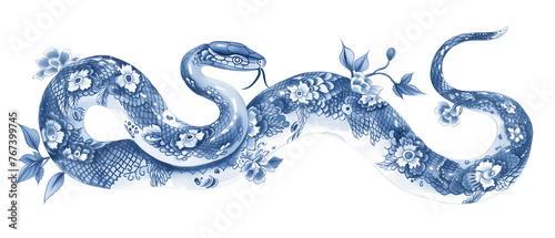 Blue and white snake with floral pattern skin isolated illustration. Oriental Asian porcelain style tattoo sketch. Chinese New Year 2025 Zodiac Snake photo