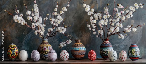 Paschal-themed still life featuring Pysanky Easter eggs and pussy willow branches. The Easter eggs are adorned using the traditional wax resist method typical in Eastern European traditions.