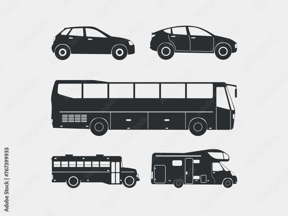 Vector filled silhouette of passenger and public cars  transport set