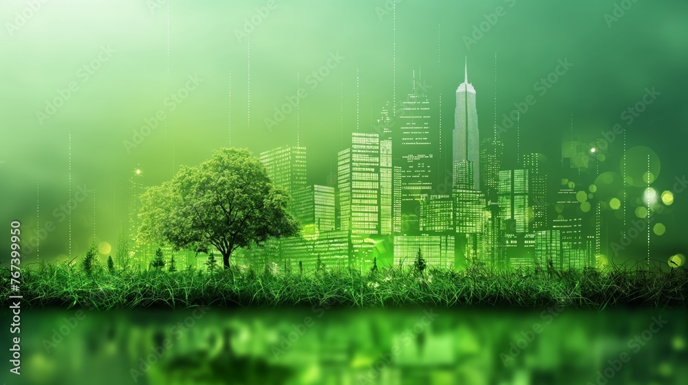 Futuristic sustainable cityscape with skyscrapers intermingled with lush greenery, reflecting a harmony between urban development and nature conservation..
