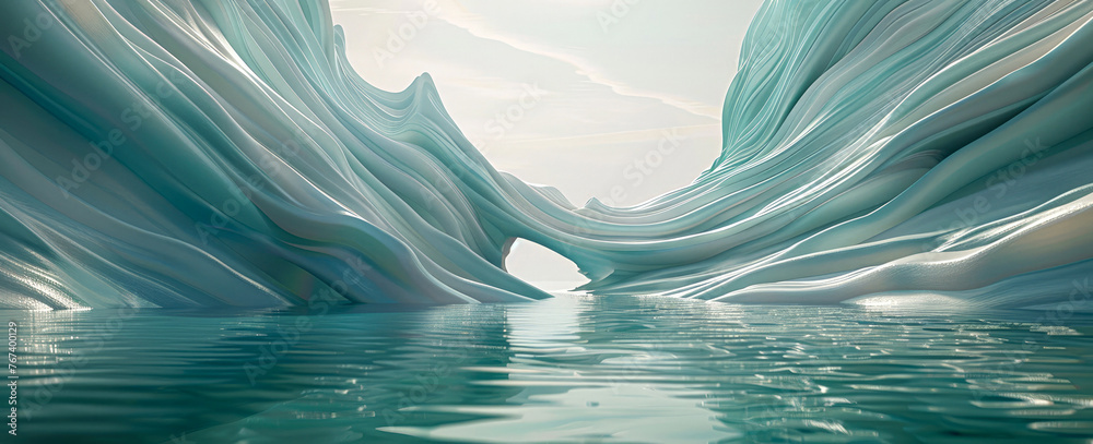 Watery valley with an abstract mountain, in the style of arched doorways, calm sea and sky, odd juxtapositions, beautiful mind bending illusions, optical illusions. - obrazy, fototapety, plakaty 
