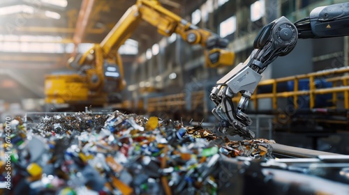 An industrial robotic arm sorts through a conveyor belt of mixed recyclables in a modern waste management facility.. photo