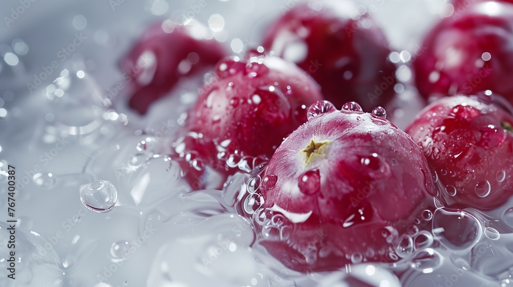 Fresh cranberries in white water. Generated by artificial intelligence.