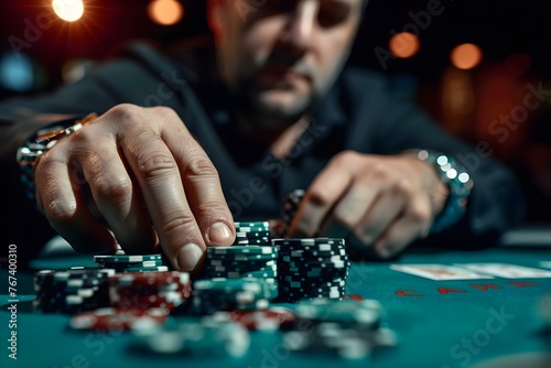 Focused Poker Player Surrounded by Chips at a Green Casino Table: A Closeup View. Concept Poker, Casino, Closeup, Chips, Green Table