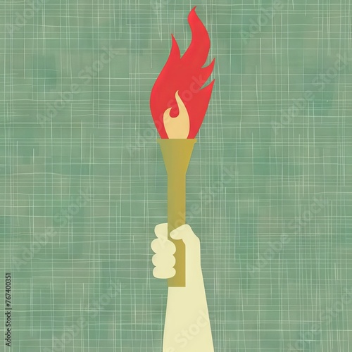 A hand holds a lit torch against a green background. Concept: an image for relay races and competitive games, symbolizing peace and unity, stimulating motivation and inspiration. © Marynkka_muis