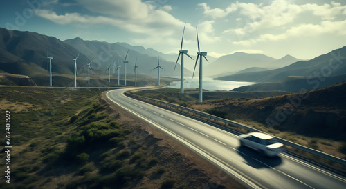 Car driving along road next to wind turbines
