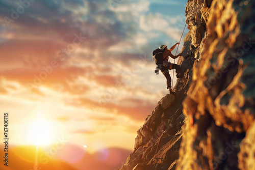 Conquering the Summits: Adventurous Rock Climbers Sunset Ascent Banner