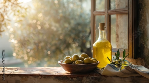 The green olives and olive oil with simple clear background. Generated by artificial intelligence.