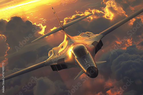 Majestic Supersonic Jet Soaring High Amongst Fiery Sunset Clouds Banner