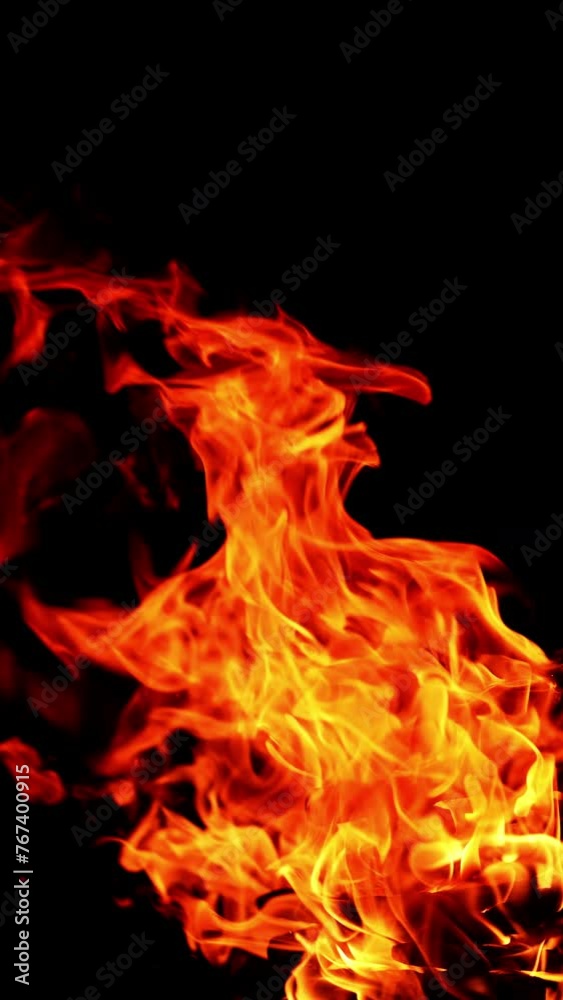 Fire flames licking the darkness. Hot dangerous campfire burning isolated at night. Close up. Vertical video Fire flames licking the darkness. Hot dangerous campfire burning isolated at night. Close up. Vertical video