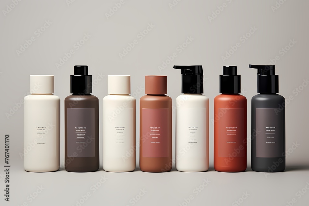 A clean and polished lineup of skincare bottle with blank labels, providing ample space for seamless customization and branding.