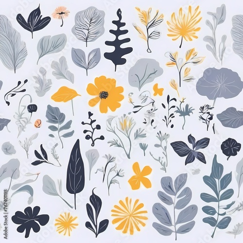 A collection of seamless pattern, colorful abstract plants and flowers. Hand drawn Collection of leaves and flowers. A close up of a pattern of flowers and leaves. © Yasir