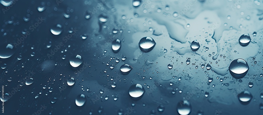 Focus on a window covered with rainwater droplets creating a close-up view