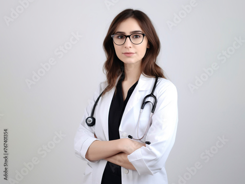Female doctor with a stethoscope in a hospital. Generative AI