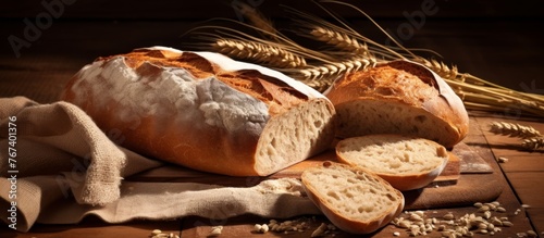 Food item on wooden table a loaf of bread accompanied by ears of wheat. Ingredients used in making bread can include flour, water, yeast, and salt